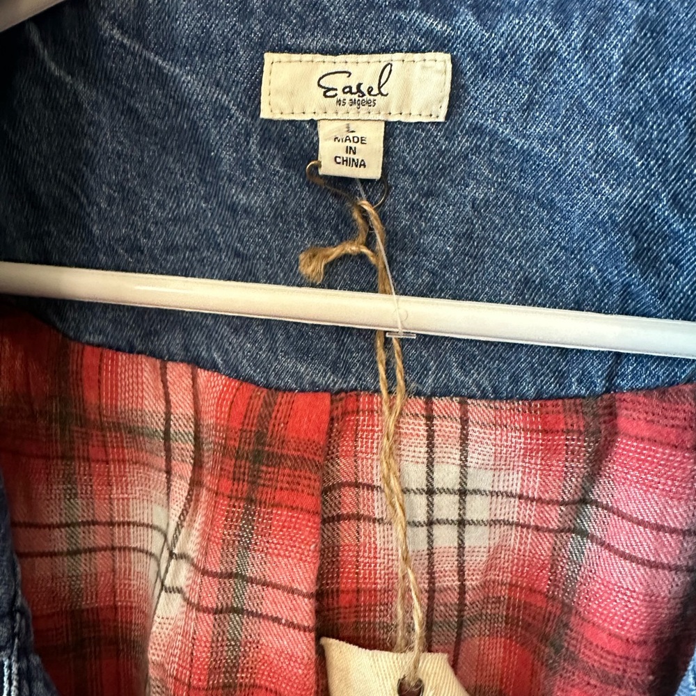 easel Blue Distressed Denim Jacket with Red Plaid Lining - Picture 4 of 7